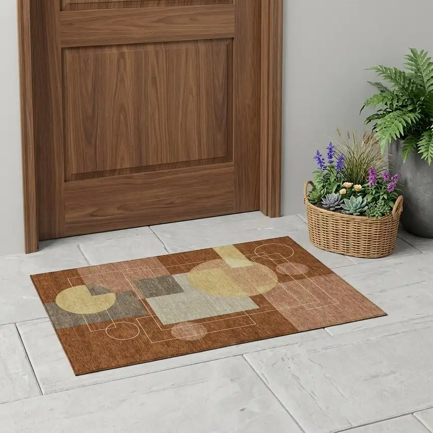 Orange And Copper Geometric Washable Indoor Outdoor Area Rug Photo 1