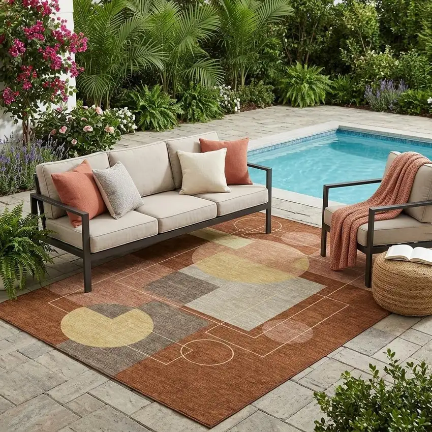 Orange And Copper Geometric Washable Indoor Outdoor Area Rug Photo 1