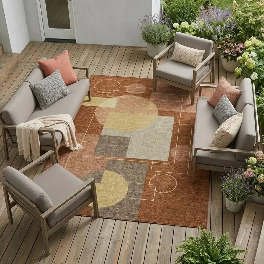 Orange And Copper Geometric Washable Indoor Outdoor Area Rug Photo 1