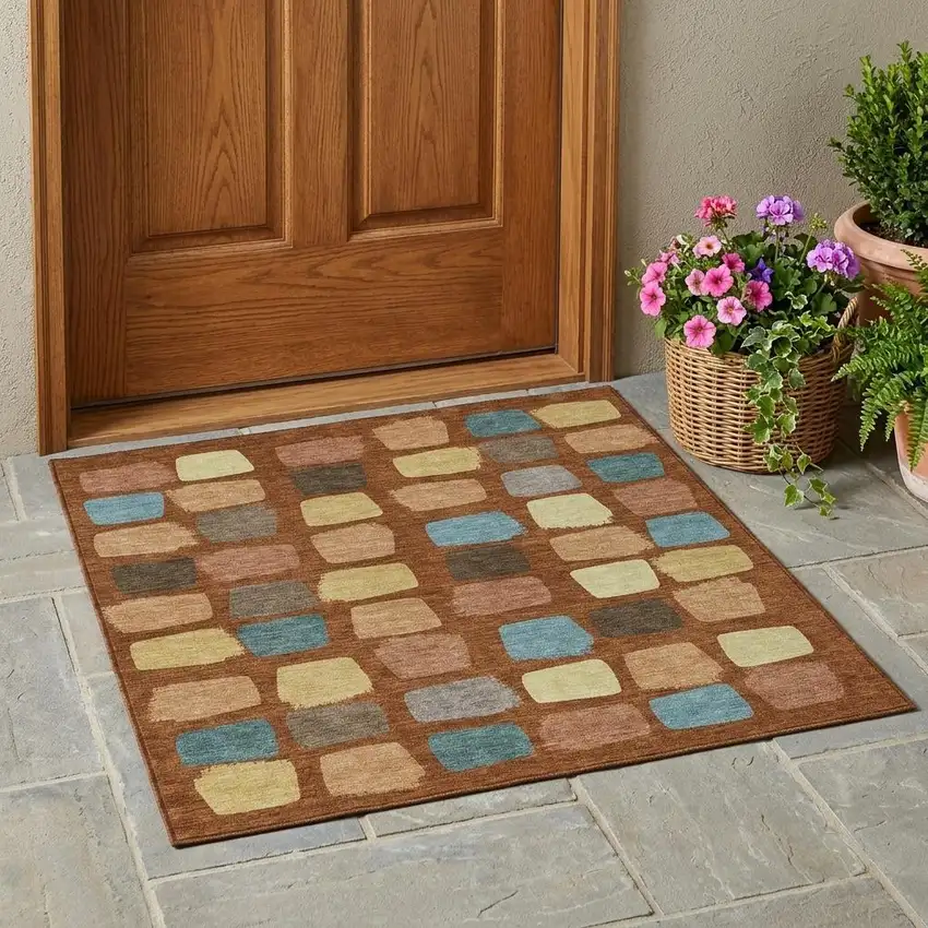 Orange And Copper Geometric Washable Indoor Outdoor Area Rug Photo 1