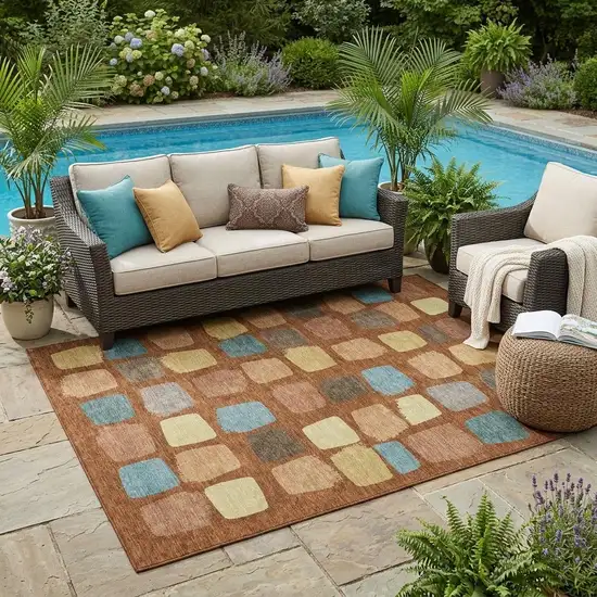 Orange And Copper Geometric Washable Indoor Outdoor Area Rug Photo 1