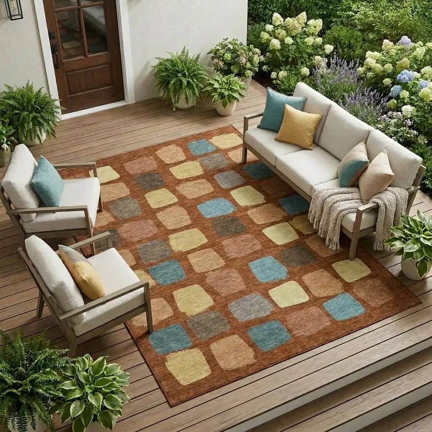 Orange And Copper Geometric Washable Indoor Outdoor Area Rug Photo 1