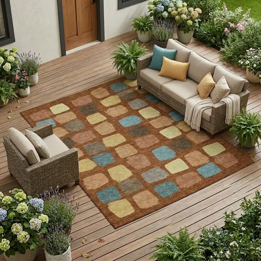 Orange And Copper Geometric Washable Indoor Outdoor Area Rug Photo 1
