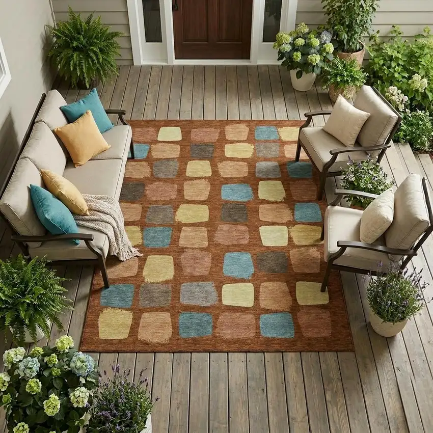 Orange And Copper Geometric Washable Indoor Outdoor Area Rug Photo 1