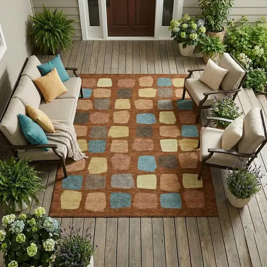 Orange And Copper Geometric Washable Indoor Outdoor Area Rug Photo 1