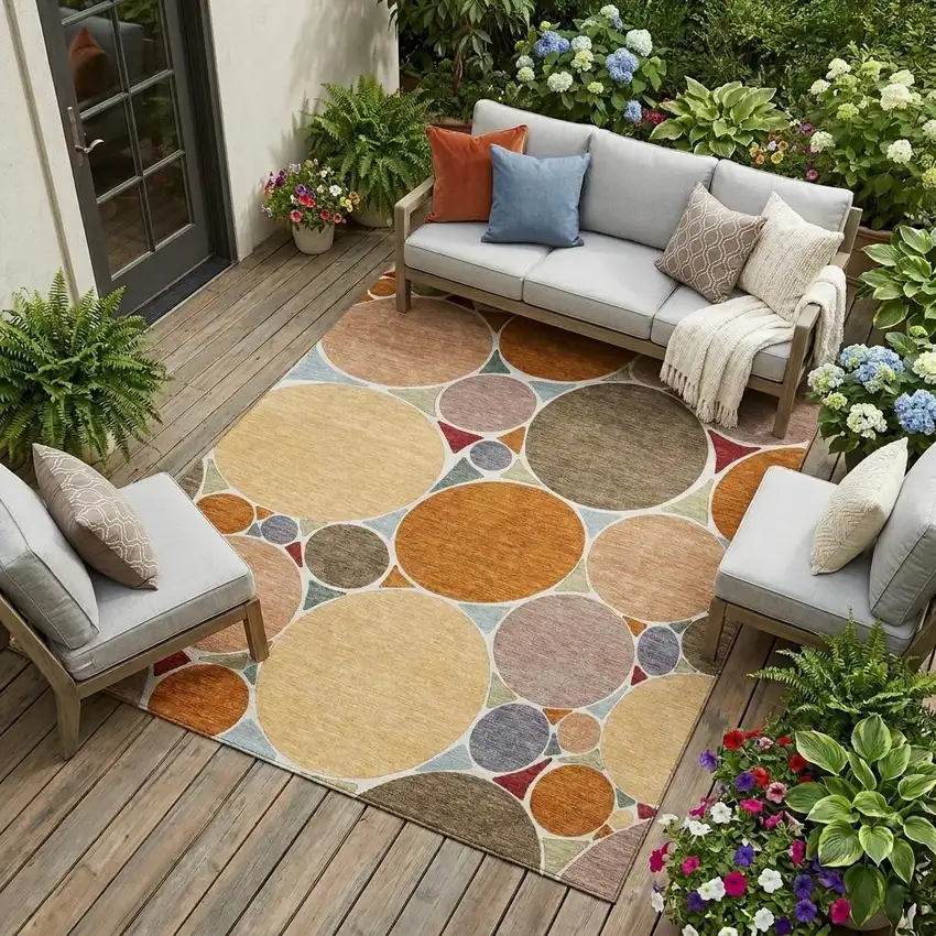 Orange And Copper Geometric Washable Indoor Outdoor Area Rug Photo 1