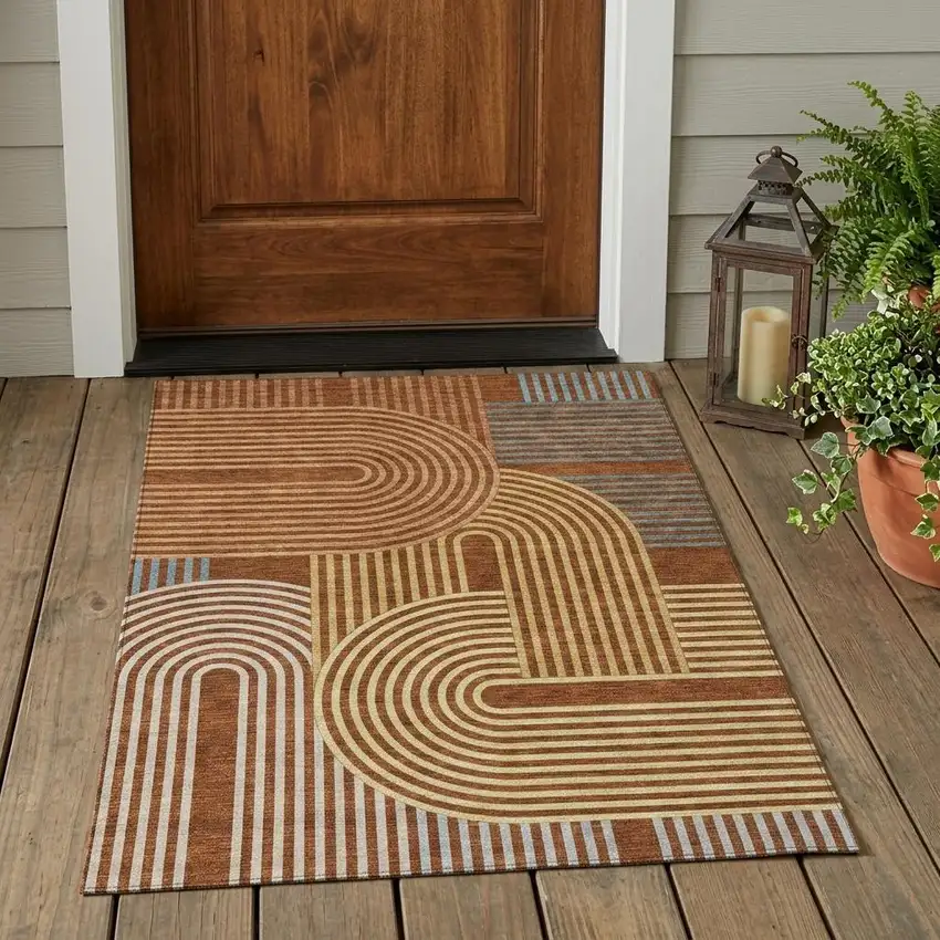 Orange And Copper Geometric Washable Indoor Outdoor Area Rug Photo 1