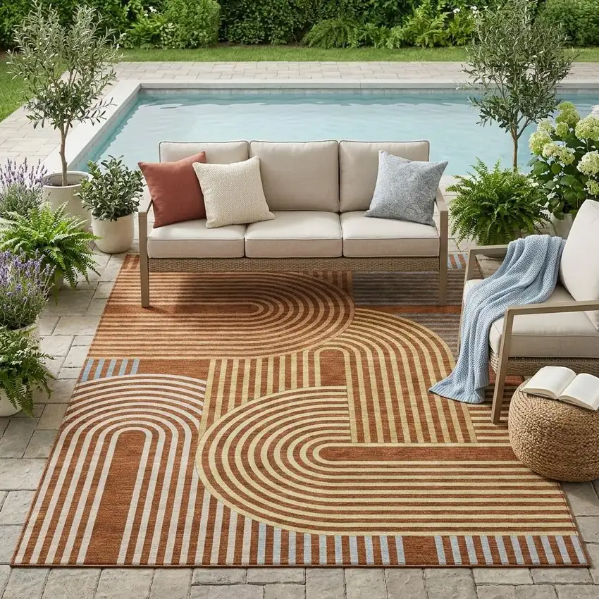 Orange And Copper Geometric Washable Indoor Outdoor Area Rug Photo 1