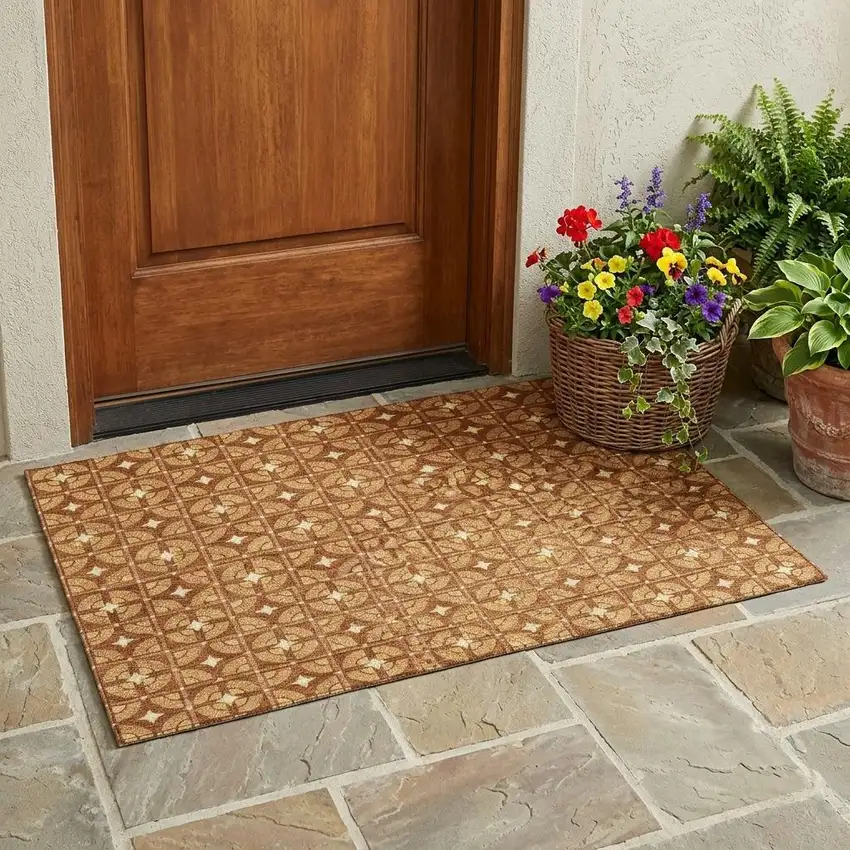 Orange And Copper Geometric Washable Indoor Outdoor Area Rug Photo 1