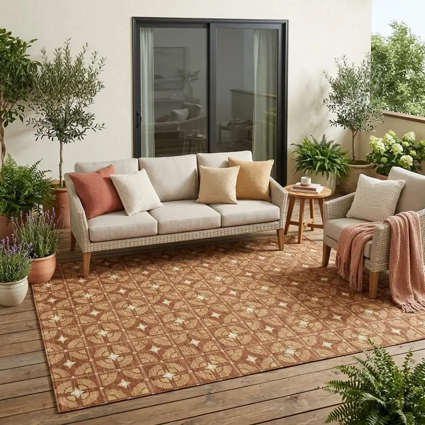 Orange And Copper Geometric Washable Indoor Outdoor Area Rug Photo 1