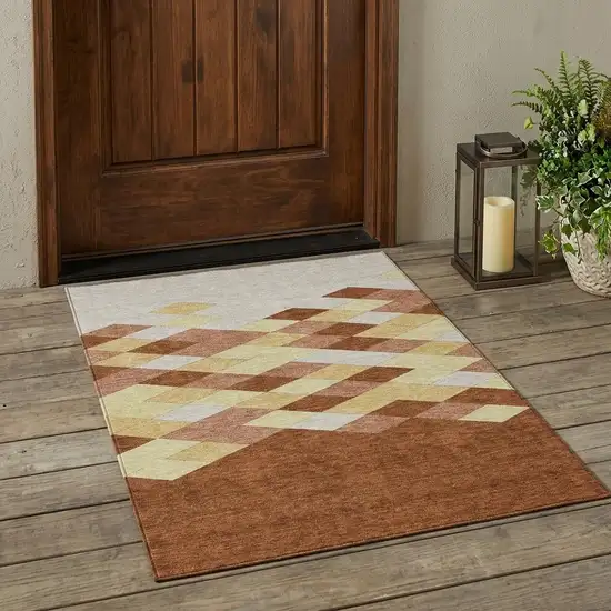 Orange And Copper Geometric Washable Indoor Outdoor Area Rug Photo 1