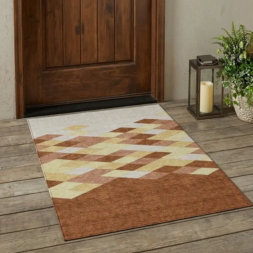 Orange And Copper Geometric Washable Indoor Outdoor Area Rug Photo 1
