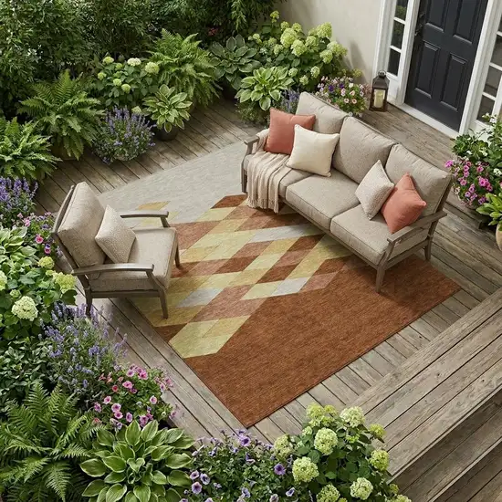 Orange And Copper Geometric Washable Indoor Outdoor Area Rug Photo 1