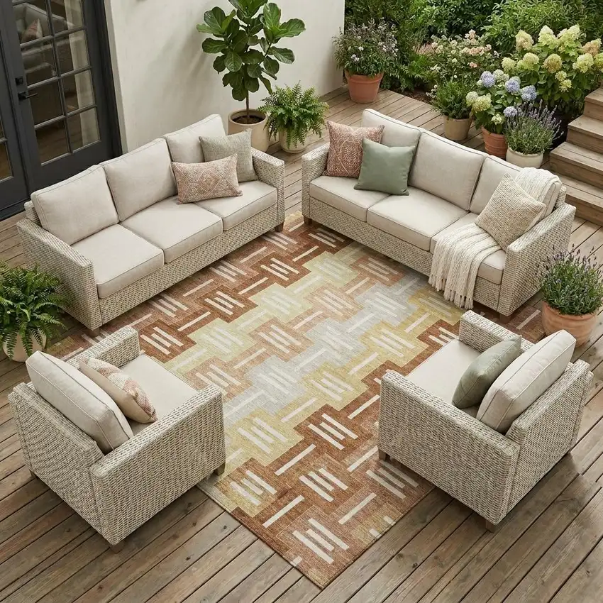 Orange And Copper Geometric Washable Indoor Outdoor Area Rug Photo 1
