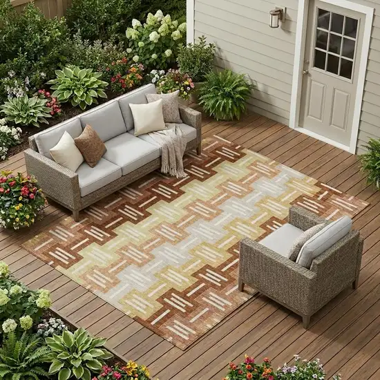 Orange And Copper Geometric Washable Indoor Outdoor Area Rug Photo 1
