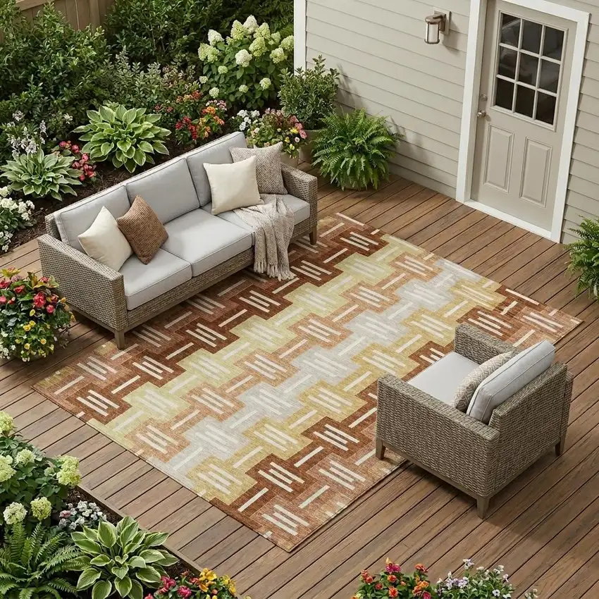 Orange And Copper Geometric Washable Indoor Outdoor Area Rug Photo 1