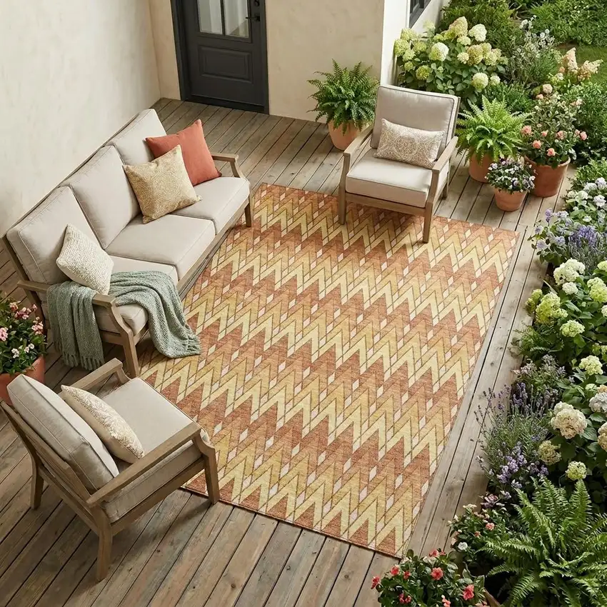 Orange And Copper Geometric Washable Indoor Outdoor Area Rug Photo 1