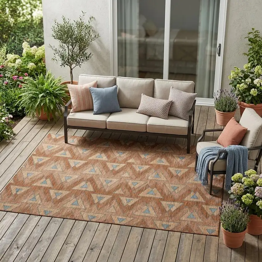 Orange And Copper Geometric Washable Indoor Outdoor Area Rug Photo 1