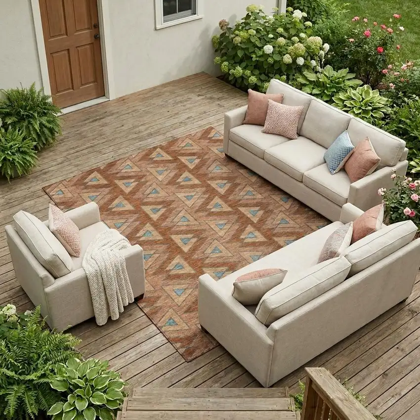 Orange And Copper Geometric Washable Indoor Outdoor Area Rug Photo 1