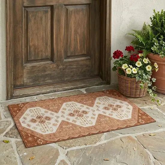 Orange And Copper Geometric Washable Indoor Outdoor Area Rug Photo 1