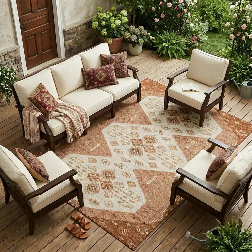 Orange And Copper Geometric Washable Indoor Outdoor Area Rug Photo 1