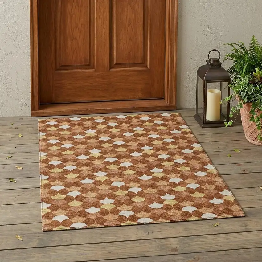 Orange And Copper Geometric Washable Indoor Outdoor Area Rug Photo 1