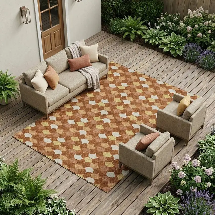 Orange And Copper Geometric Washable Indoor Outdoor Area Rug Photo 1
