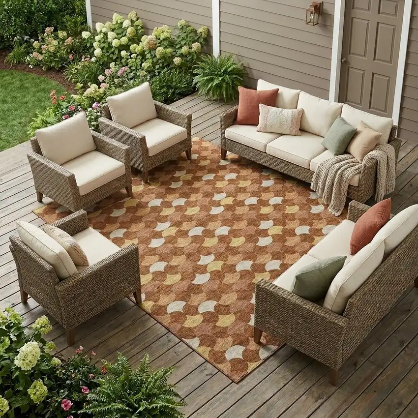 Orange And Copper Geometric Washable Indoor Outdoor Area Rug Photo 1