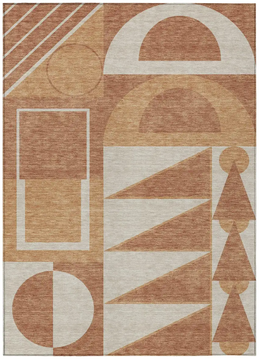 Orange And Copper Geometric Washable Indoor Outdoor Area Rug Photo 1