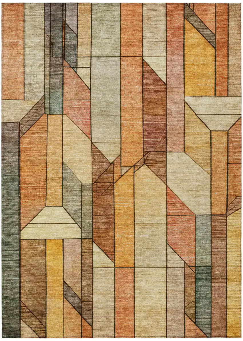 Orange And Copper Geometric Washable Indoor Outdoor Area Rug Photo 1