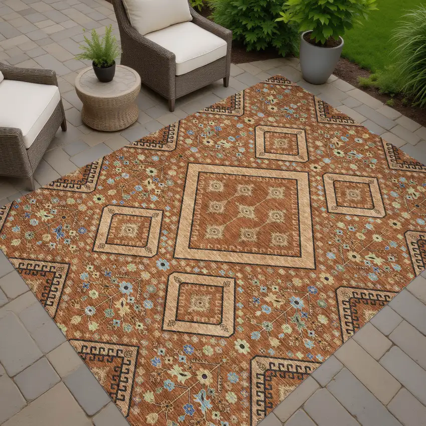 Orange And Copper Medallion Washable Indoor Outdoor Area Rug Photo 6