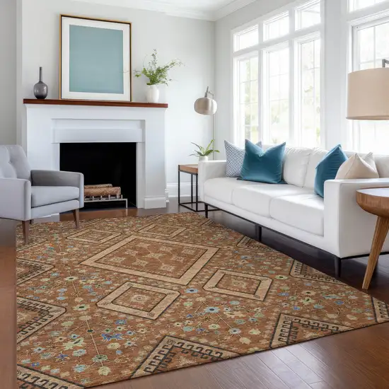 Orange And Copper Medallion Washable Indoor Outdoor Area Rug Photo 5