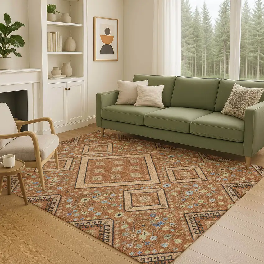 Orange And Copper Medallion Washable Indoor Outdoor Area Rug Photo 5