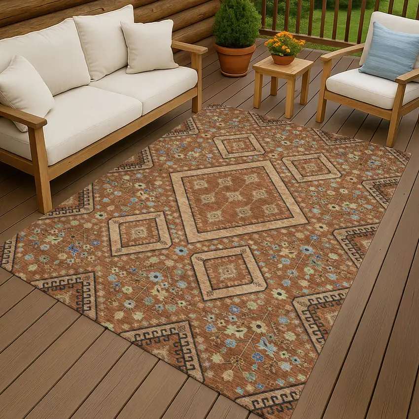 Orange And Copper Medallion Washable Indoor Outdoor Area Rug Photo 4