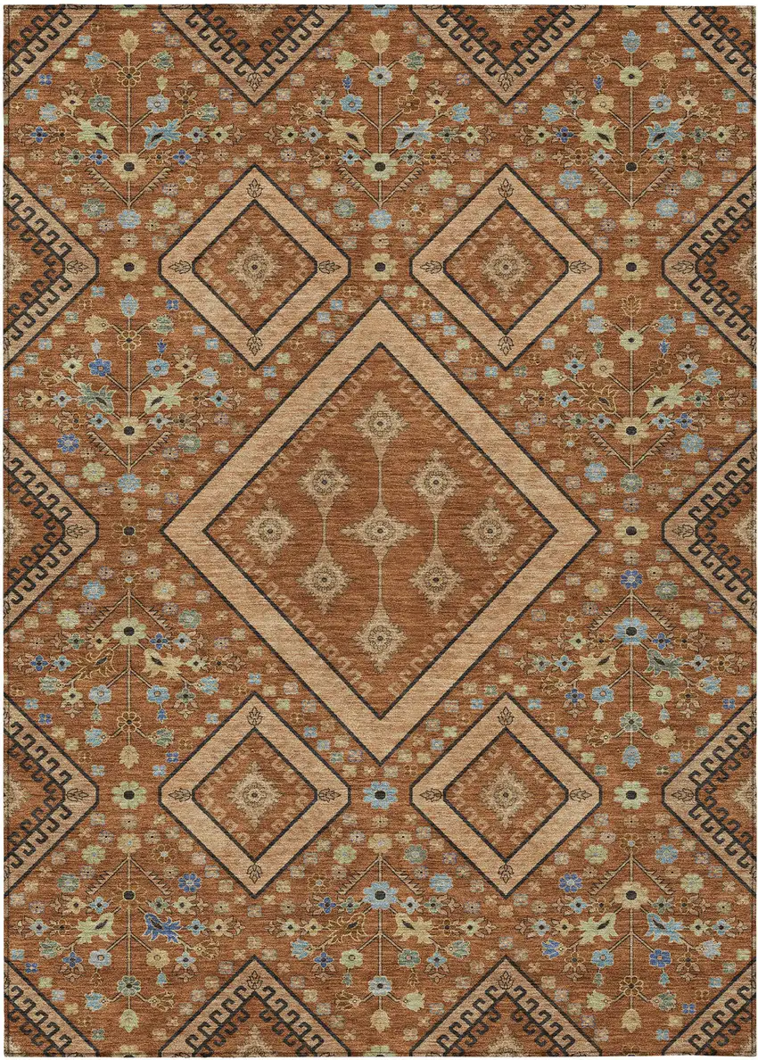 Orange And Copper Medallion Washable Indoor Outdoor Area Rug Photo 1