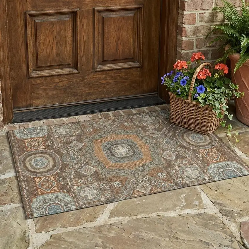 Orange And Copper Oriental Washable Indoor Outdoor Area Rug Photo 1