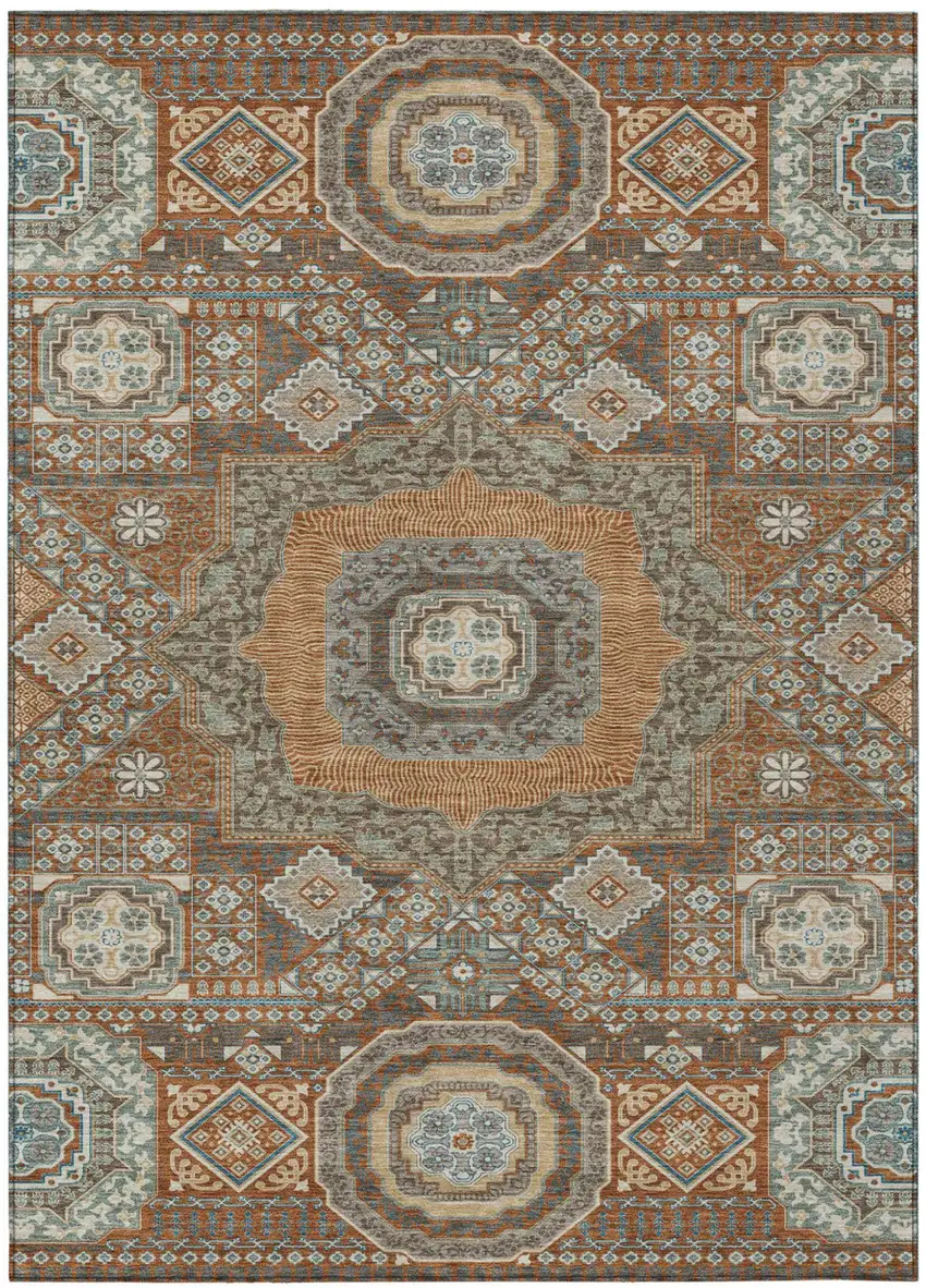 Orange And Copper Oriental Washable Indoor Outdoor Area Rug Photo 2