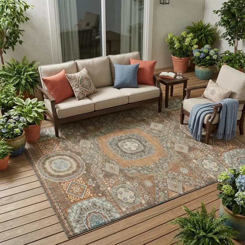Orange And Copper Oriental Washable Indoor Outdoor Area Rug Photo 1