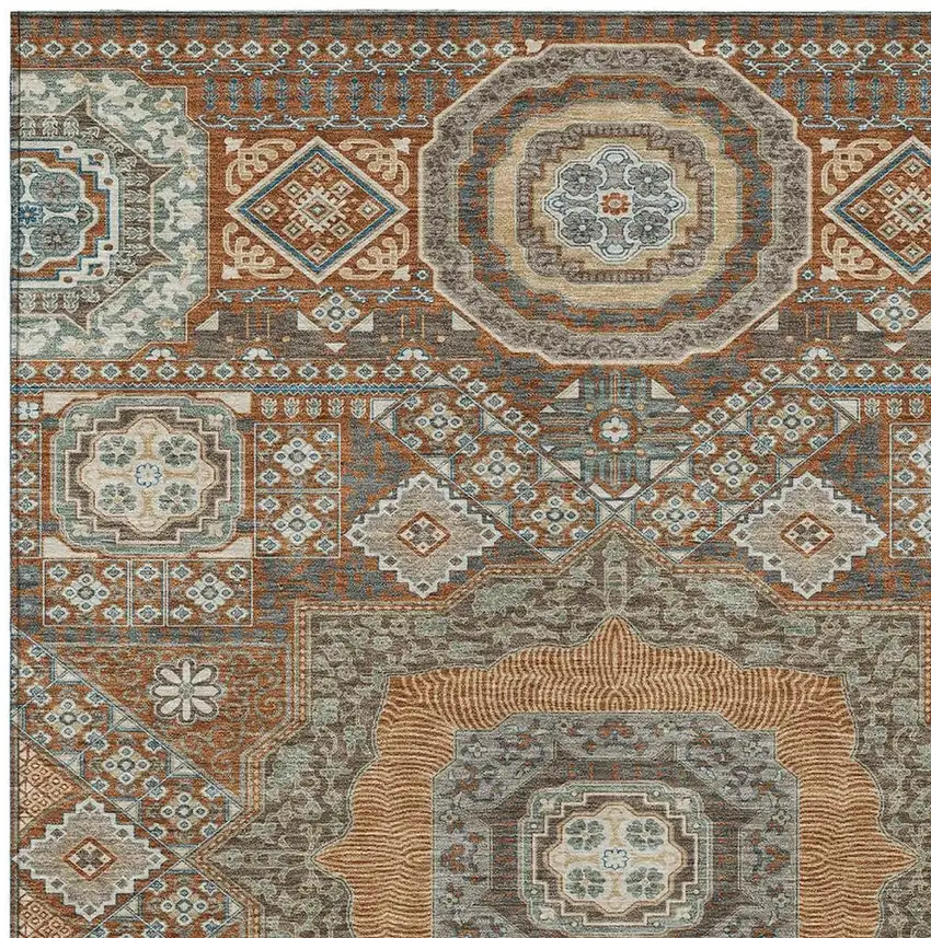 Orange And Copper Oriental Washable Indoor Outdoor Area Rug Photo 3