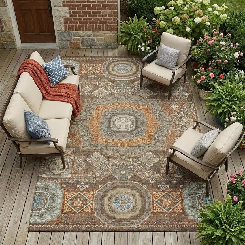 Orange And Copper Oriental Washable Indoor Outdoor Area Rug Photo 1