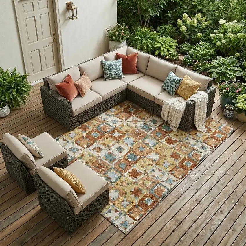 Orange And Copper Patchwork Washable Indoor Outdoor Area Rug Photo 1