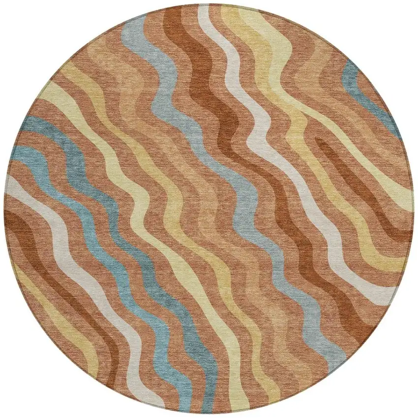 Orange And Copper Round Abstract Washable Indoor Outdoor Area Rug Photo 3