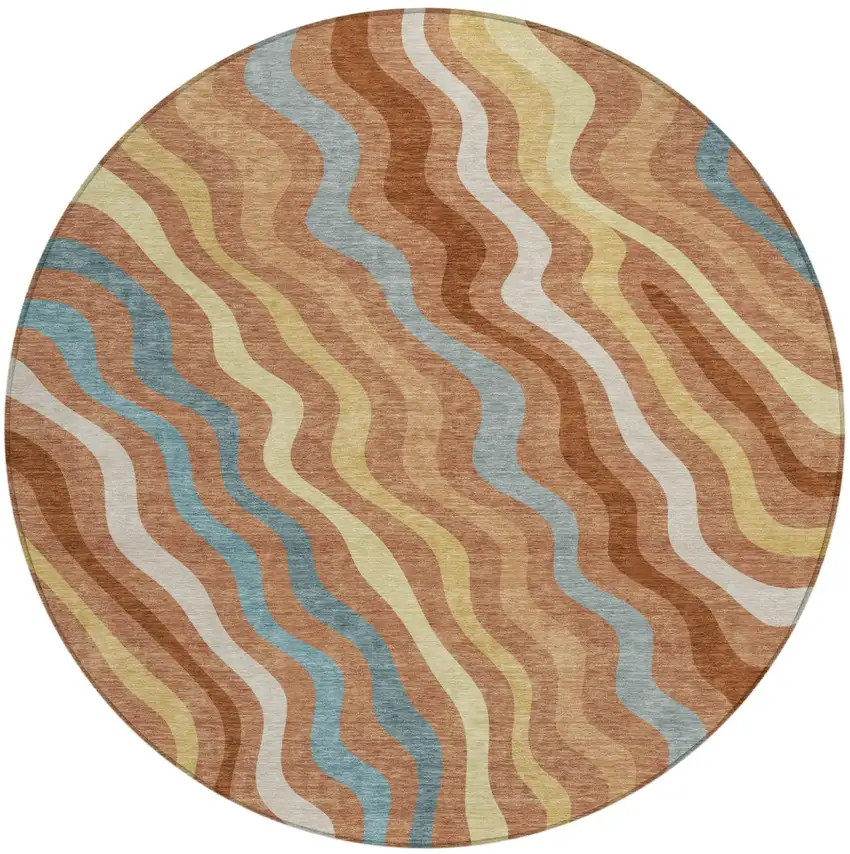 Orange And Copper Round Abstract Washable Indoor Outdoor Area Rug Photo 1