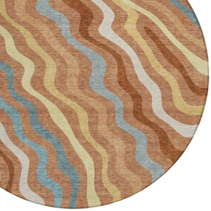 Orange And Copper Round Abstract Washable Indoor Outdoor Area Rug Photo 2