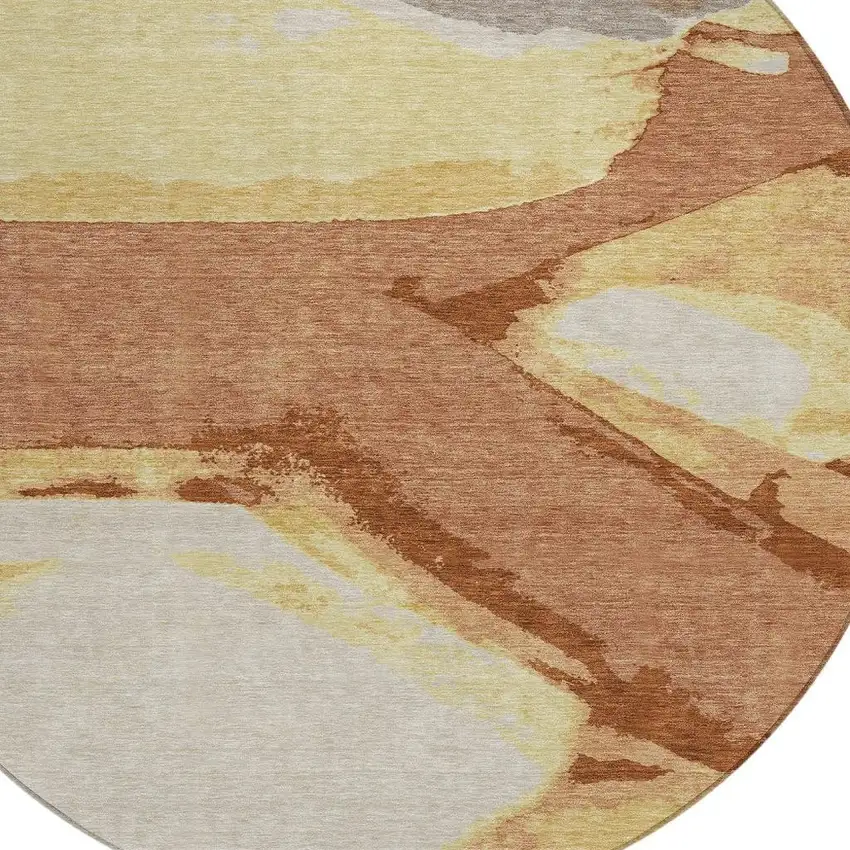 Orange And Copper Round Abstract Washable Indoor Outdoor Area Rug Photo 2