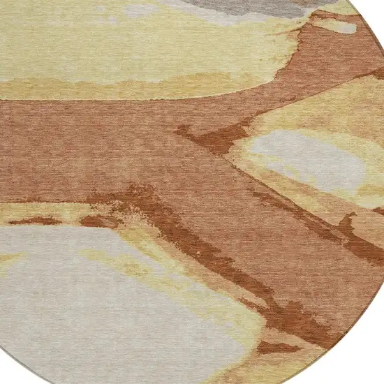 Orange And Copper Round Abstract Washable Indoor Outdoor Area Rug Photo 2