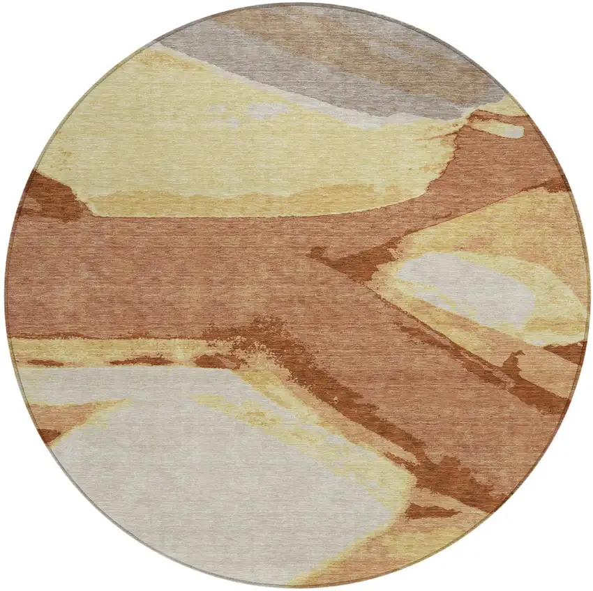 Orange And Copper Round Abstract Washable Indoor Outdoor Area Rug Photo 1
