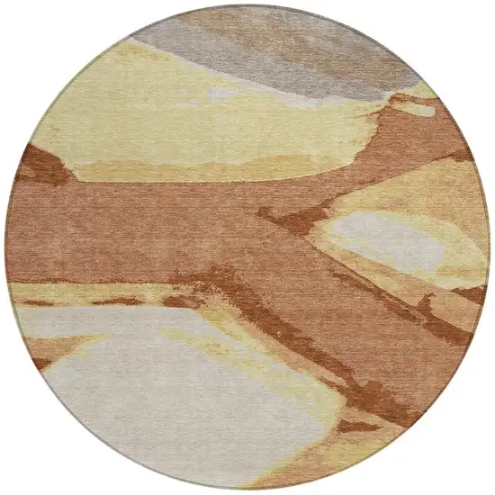 Orange And Copper Round Abstract Washable Indoor Outdoor Area Rug Photo 3