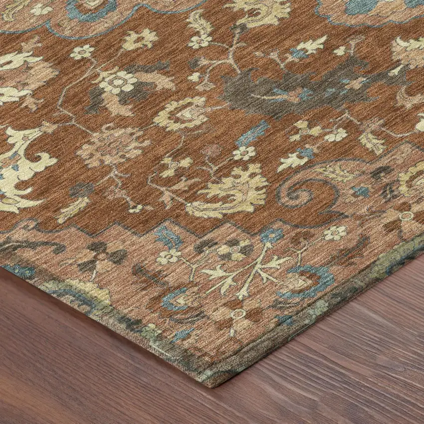 Orange And Copper Round Floral Medallion Washable Indoor Outdoor Area Rug Photo 4