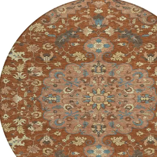 Orange And Copper Round Floral Medallion Washable Indoor Outdoor Area Rug Photo 3